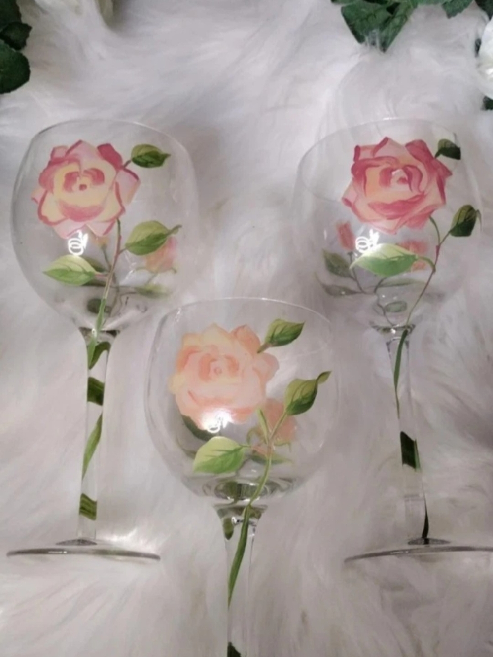3/Vintage "Garden Rose" Beautiful Hand Painted Wine Glasse By Block Basics